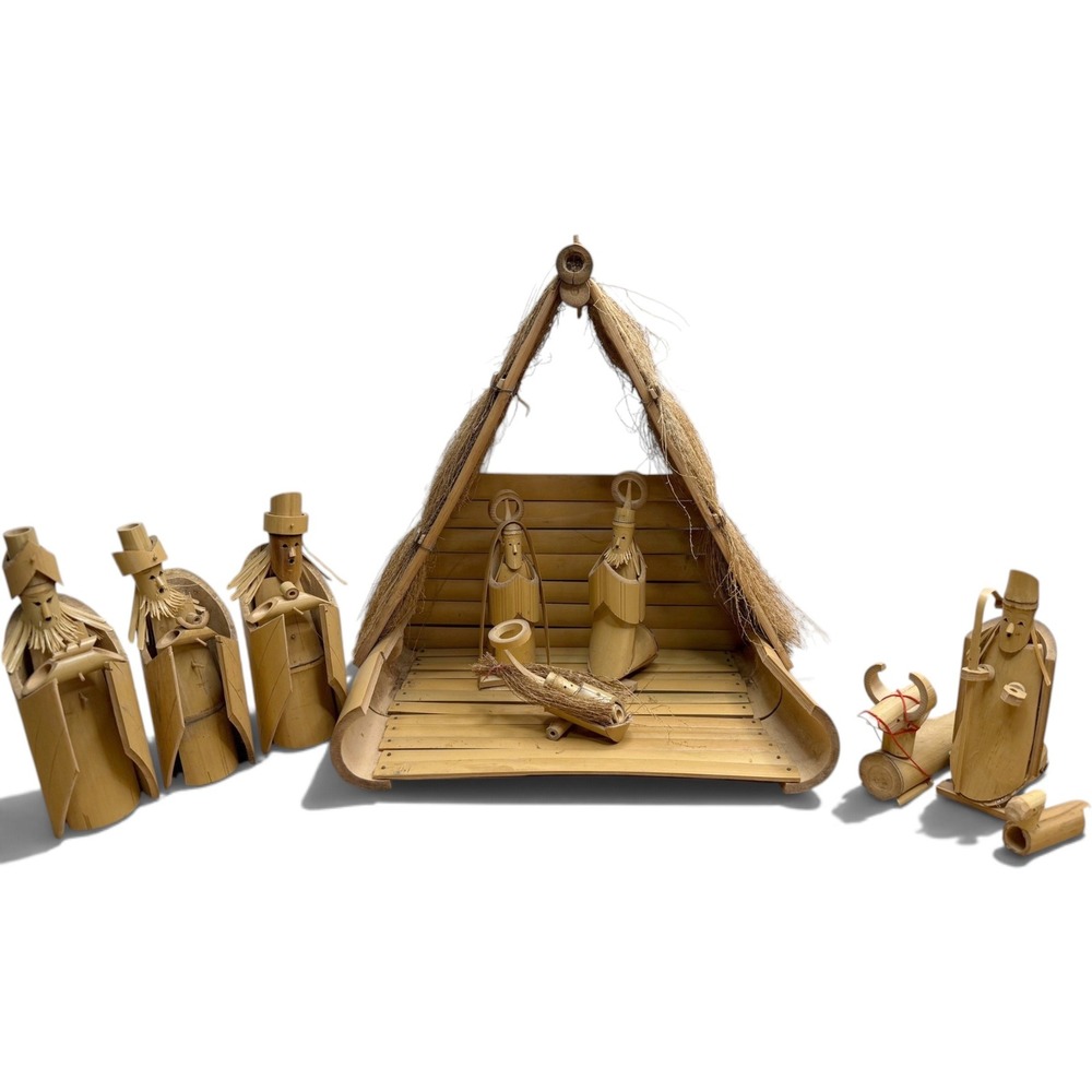 Vintage Bamboo Straw Nativity Scene Set Handcrafted Wooden Creche Figures 10 pc